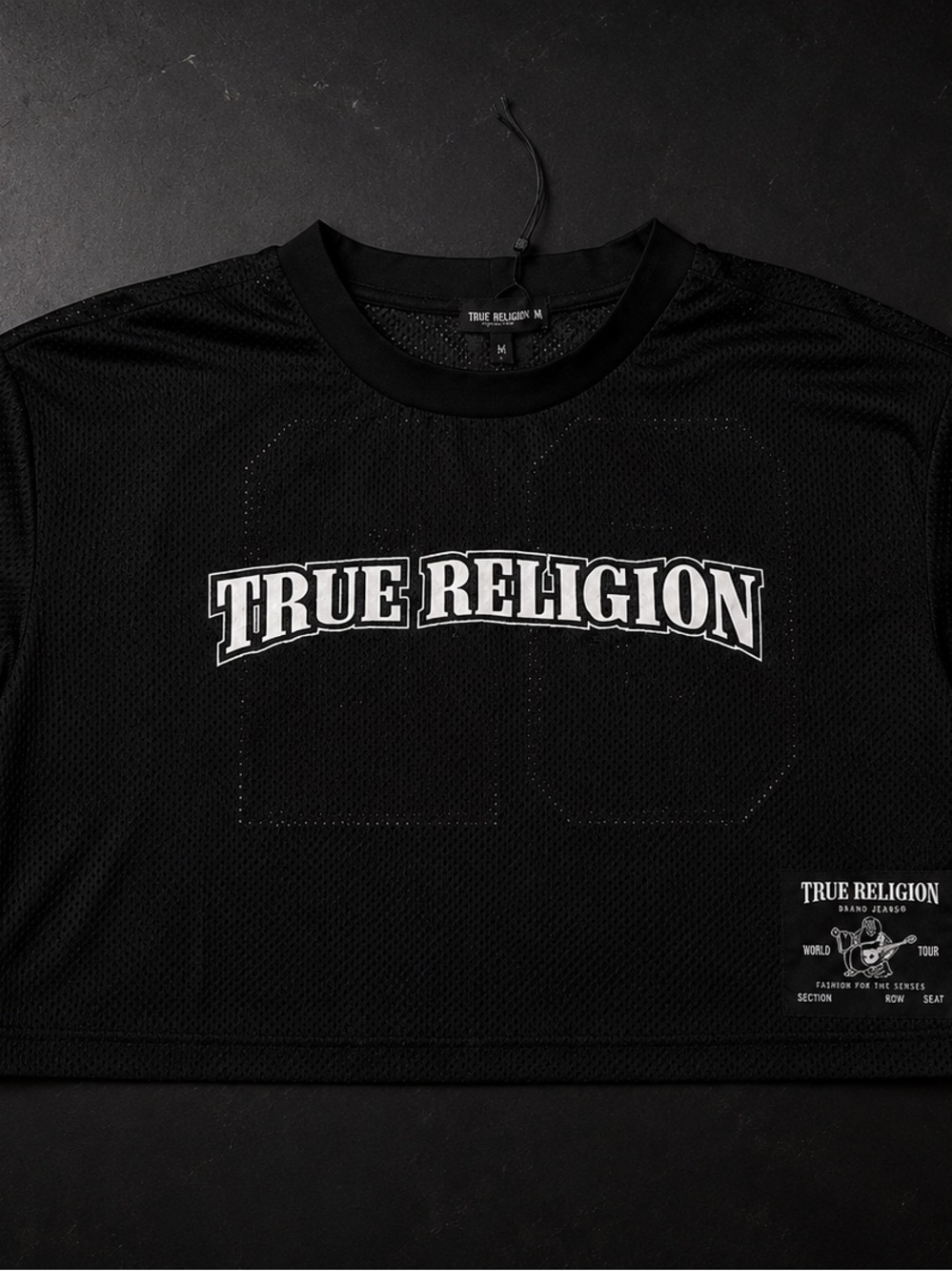 True Religion Black Mesh Logo Crop Jersey Top